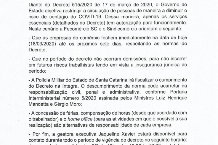 NOTA OFICIAL DO SINDICOMÉRCIO sobre o Decreto 515/2020